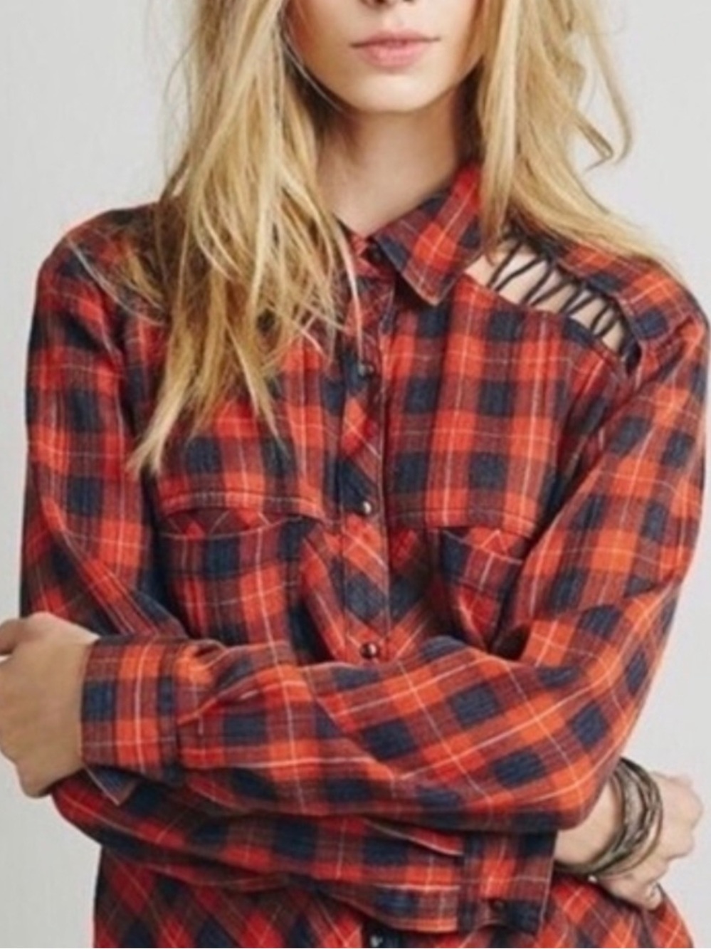 Free People Red & Navy Plaid Button-Down Shirt